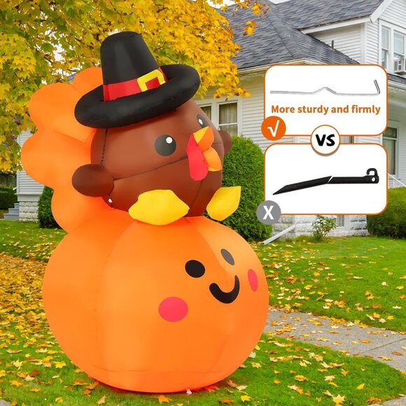 5FT Inflatables Turkey Baby on Pumpkin Built-in LEDs Blow Up Yard Decoration - Picture 4 of 8